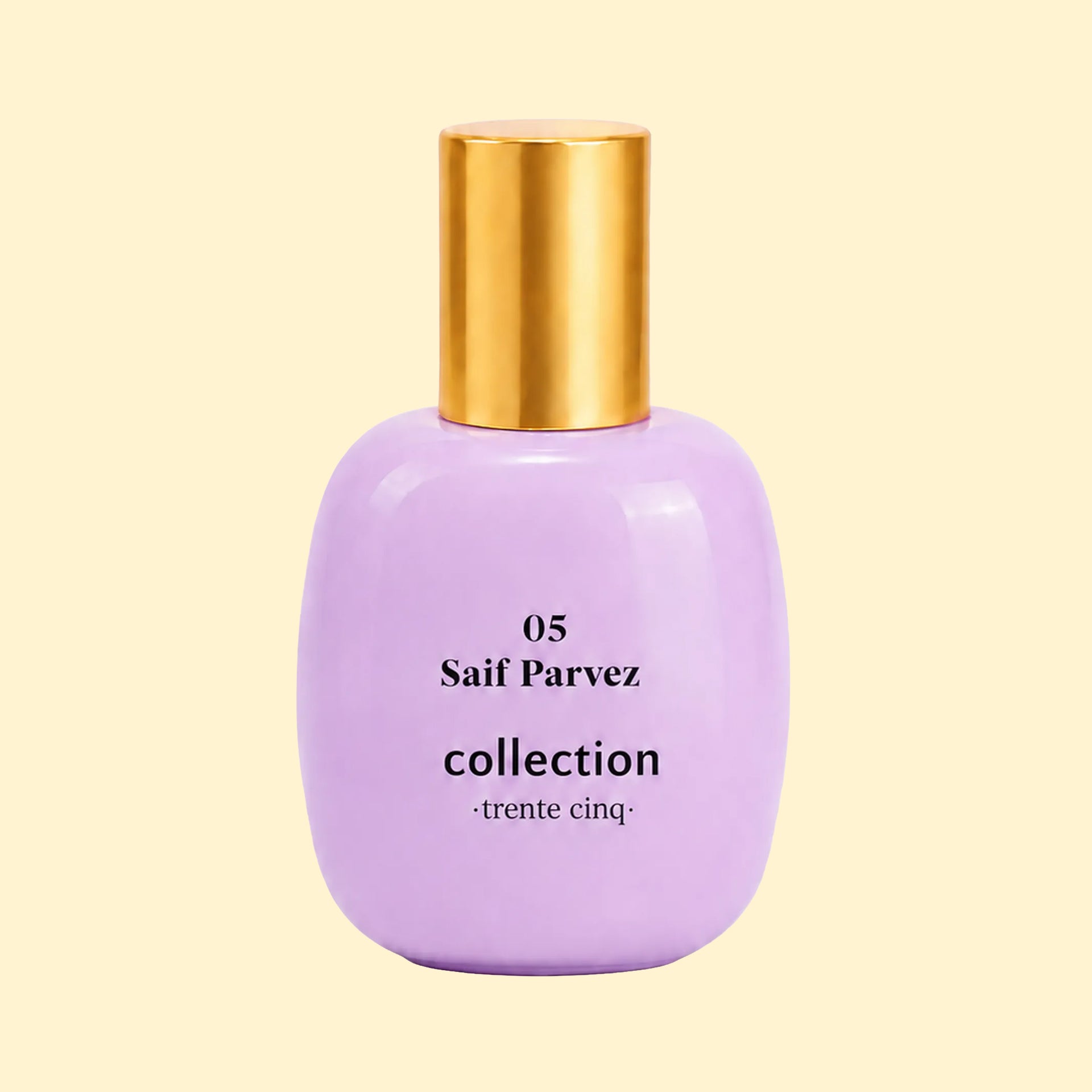 A studio product photograph of a rounded lavender-purple perfume bottle with a reflective gold cylindrical cap, set against a soft cream background. Black text on the bottle reads “05 Saif Parvez” and “collection ·trente cinq·”. The glossy finish and gentle reflections emphasise the bottle’s smooth, rounded contours.