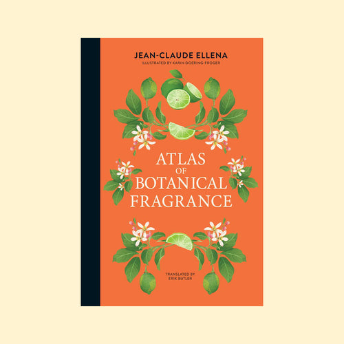 Oranje omslag van Atlas of Botanical Fragrance van Jean-Claude Ellena, met illustraties van citrusvruchten en bloesems.