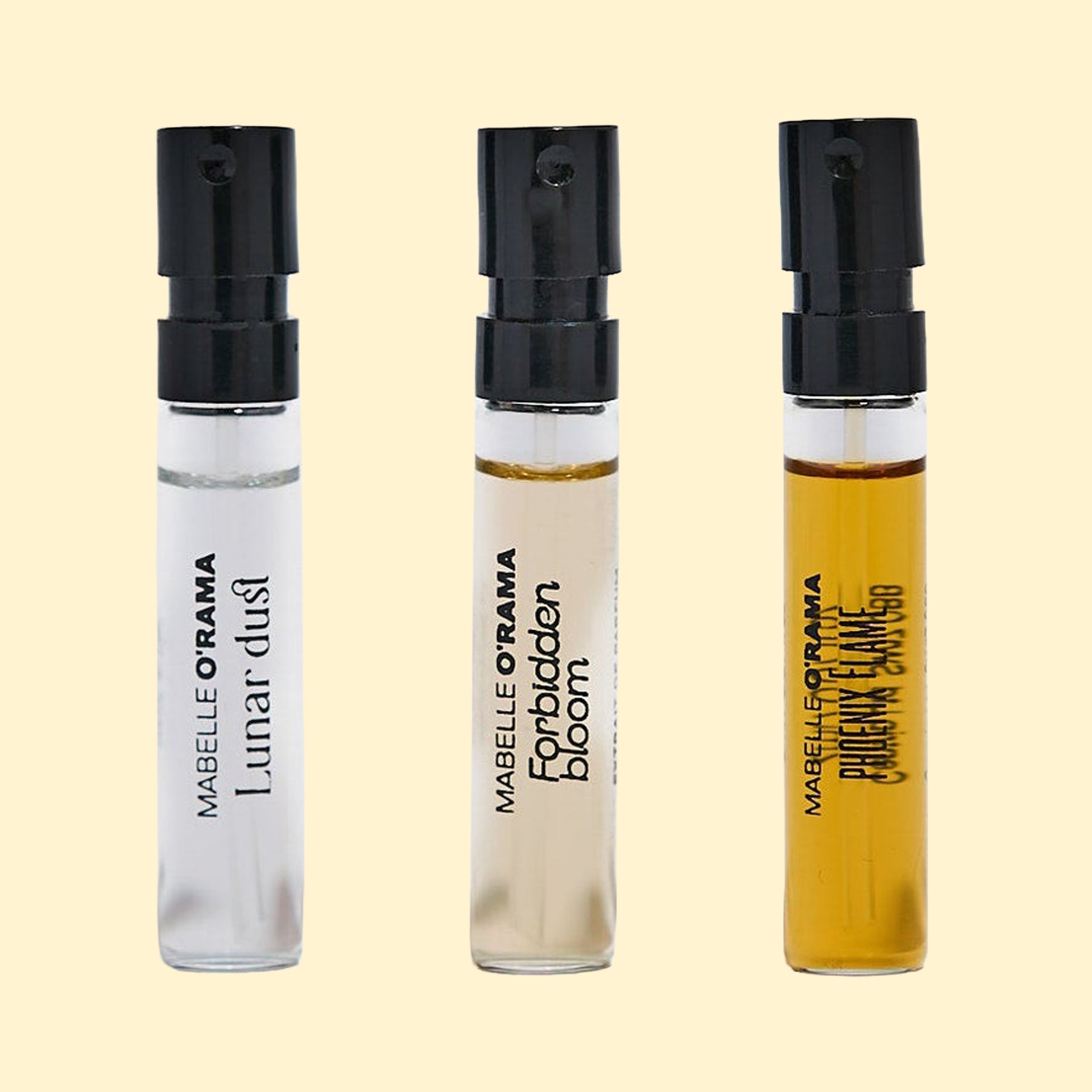 Mabelle O'Rama Discovery Set in 2 ml sample spray vials with black plastic caps