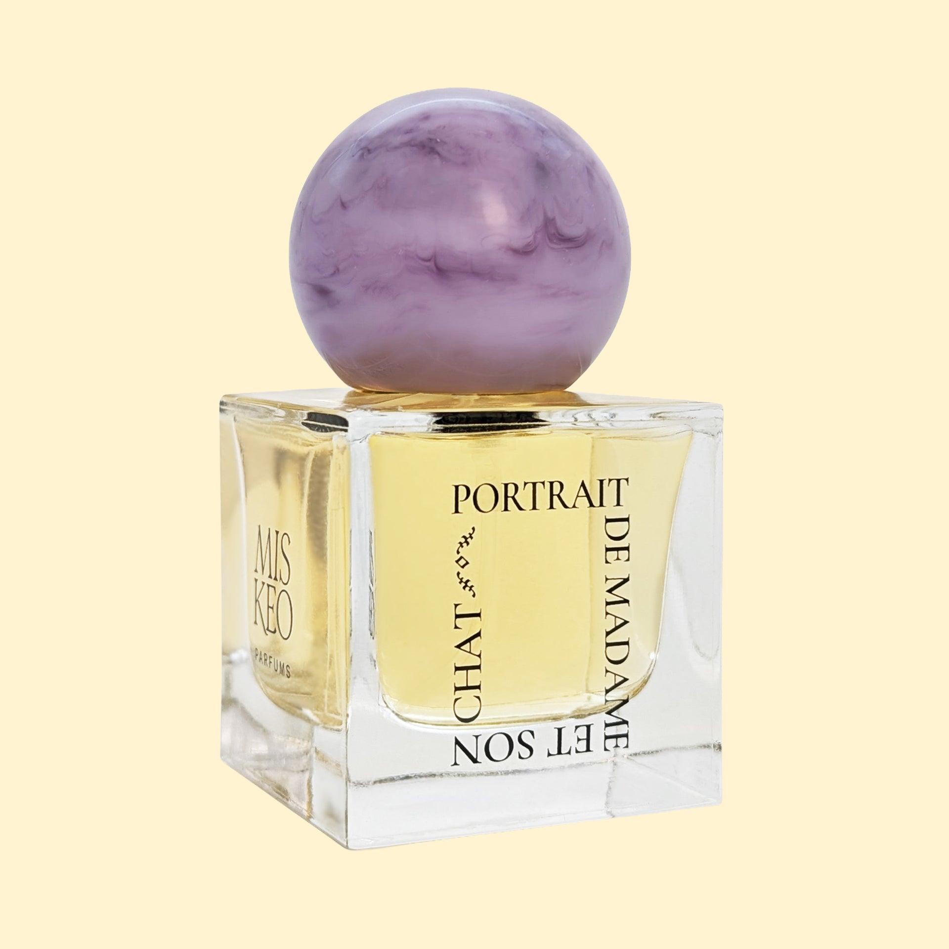 MISKEO Parfums Portrait de Madame et Son Chat Eau de Parfum-flesje met gemarmerde lavendelkleurige dop en lichtgouden geur.