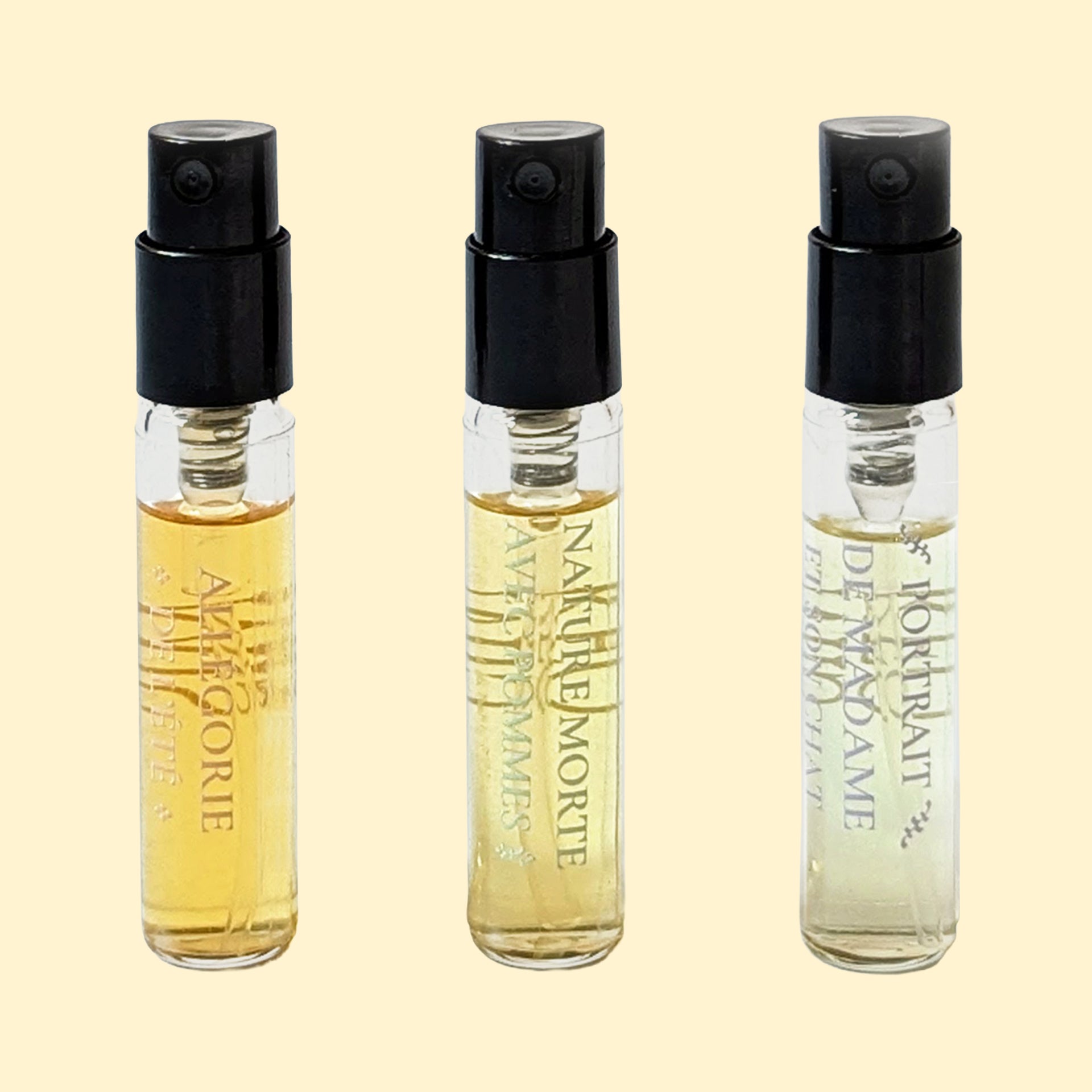 MISKEO Parfums Rococo-ontdekkingsset met proefflesjes van Allégorie de l’été, Nature morte avec pommes en Portrait de Madame et son chat.