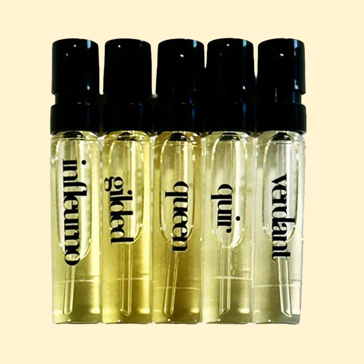 Eau de Boujee Discovery Set presented in 2 ml sample spray vials with black plastic caps