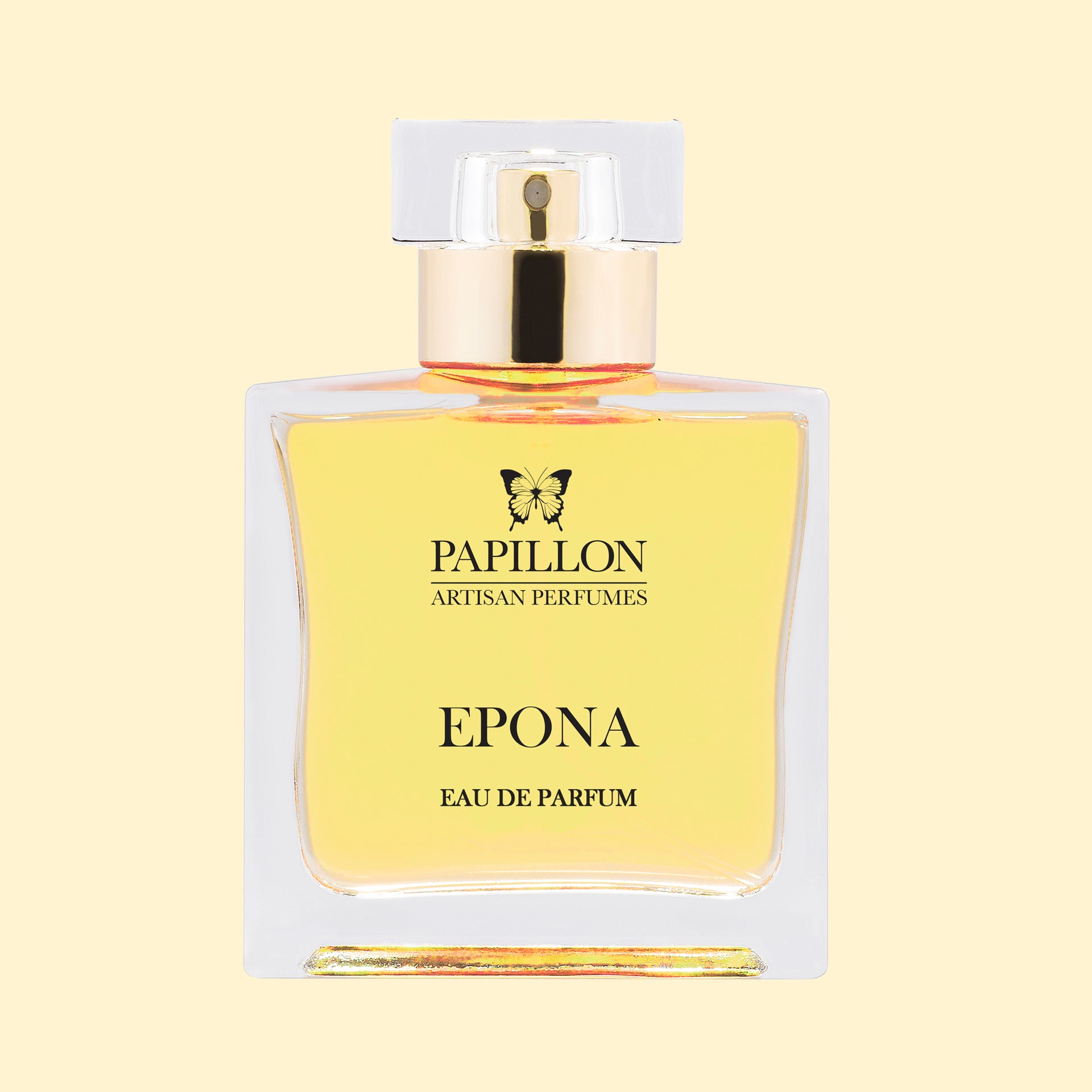 Papillon Artisan Perfumes Epona Eau de Parfum in a clear rectangular glass bottle with a white cap and gold collar, filled with pale golden fragrance against a soft cream background.