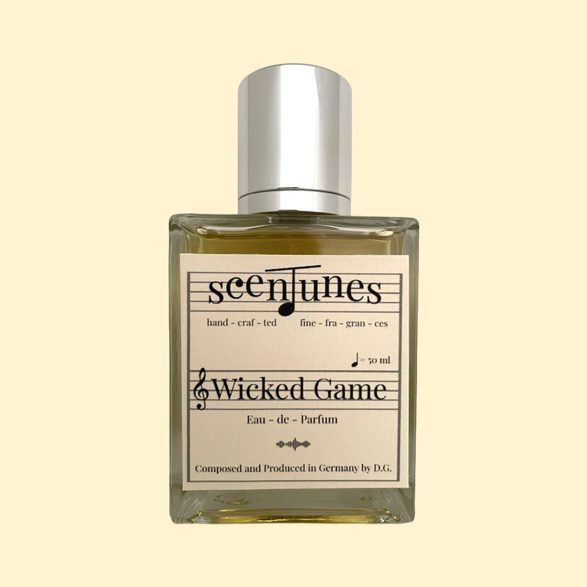 scenTunes Wicked Game Eau de Parfum 50 ml in een glazen flacon met zilverkleurige dop en crèmekleurig etiket.
